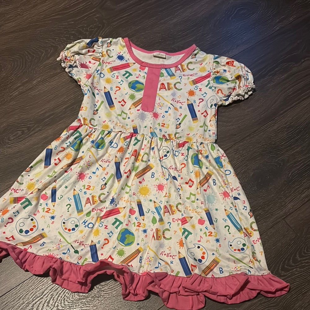 Girls White School-Print Dress with Pink Trim